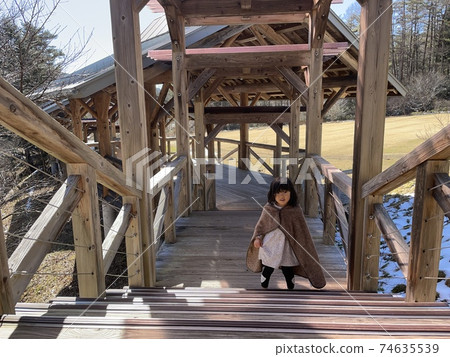 Girl walking down a wooden walkway Girl walking down a wooden walkway 74635539