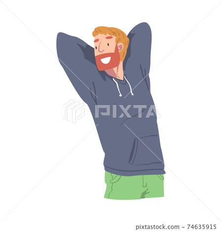 Happy Bearded Male Character with Arms Behind Head Smiling with Joy and Excitement Vector Illustration Happy Bearded Male Character with Arms Behind Head Smiling with Joy and Excitement Vector Illustration 74635915