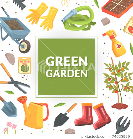 Green Garden Banner Template with Tools Seamless Pattern, Gardening, Farming and Agriculture Concept Cartoon Vector Illustration 74635939