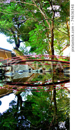 Bridges and trees reflected on the surface of the water Bridges and trees reflected on the surface of the water 74636348