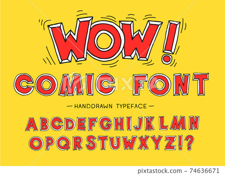 Red wow comic font. Hand Drawn Vector Typeface. Hand Made handwritten Alphabet. Decorative Type. Font Vector illustration. 74636671