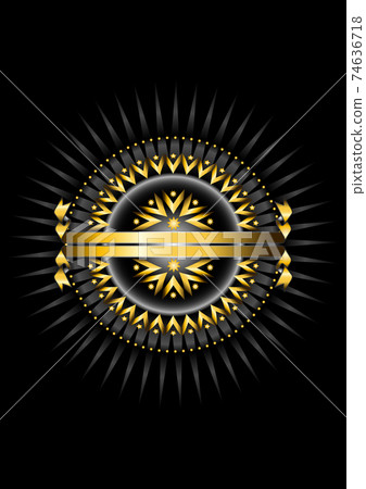 Round frame of round beads with an oval of golden arrows and stars on a black background with silver rays and a double gold ribbon Round frame of round beads with an oval of golden arrows and stars on a black background with silver rays and a double gold ribbon 74636718
