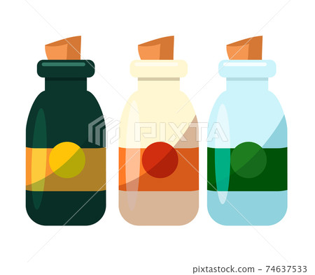 Color glass bottle with cork set isolated on white 74637533