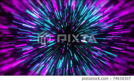3d rendering movement through stars. Hyper jump into another galaxy. Speed of light, neon glowing rays in motion. Computer generated abstract modern cosmic background 74638307