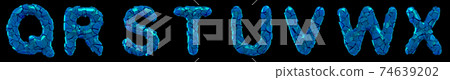 Plastic letters set Q, R, S, T, U, V, W, X made of 3d render plastic shards blue color. 74639202
