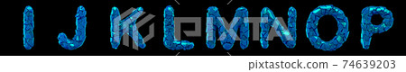 Plastic letters set I, J, K, L, M, N, O, P made of 3d render plastic shards blue color. 74639203