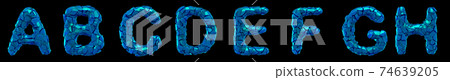 Plastic letters set A, B, C, D, E, F, G, H made of 3d render plastic shards blue color. 74639205