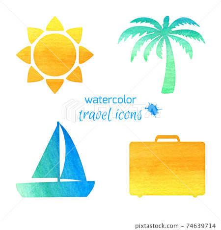 Watercolor travel icons Watercolor travel icons 74639714