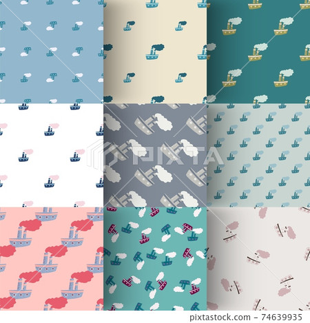 Set of seamless doodle pattern with steamer ship. Travel marine backdrop collection. Set of seamless doodle pattern with steamer ship. Travel marine backdrop collection. 74639935