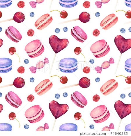 Seamless pattern with watercolor colorful macaroons and berries isolated on white background. 74640285