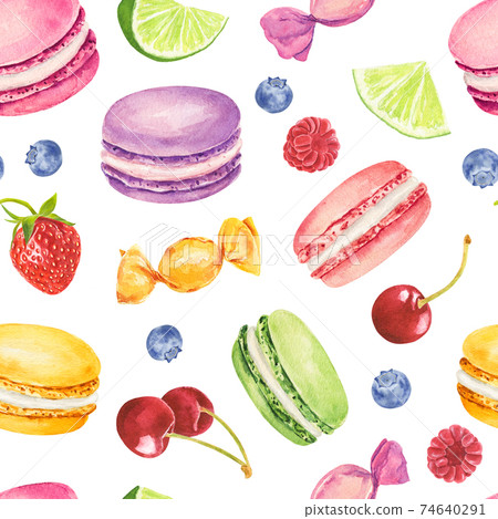 Seamless pattern with watercolor colorful macaroons and berries isolated on white background. 74640291