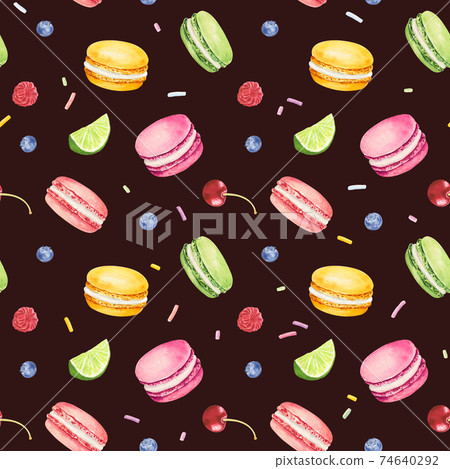 Seamless pattern with watercolor colorful macaroons and berries isolated on dark background. Seamless pattern with watercolor colorful macaroons and berries isolated on dark background. 74640292