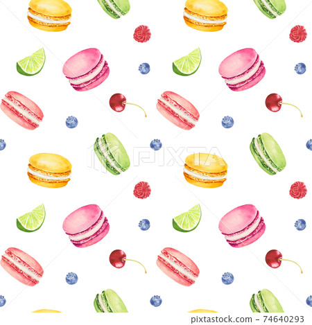 Seamless pattern with watercolor colorful macaroons and berries isolated on white background. 74640293