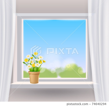 Window view in interior, spring, flower pot with flowers daisy and dandelions on windowsill, curtains. Vector illustration realistic Window view in interior, spring, flower pot with flowers daisy and dandelions on windowsill, curtains. Vector illustration realistic 74640294