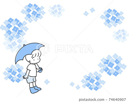 男孩的傘和繡球花的框架 74640907