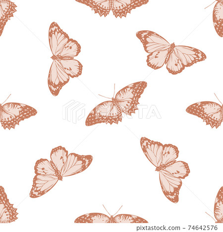 Seamless pattern with hand drawn pastel red lacewing, plain tiger Seamless pattern with hand drawn pastel red lacewing, plain tiger 74642576