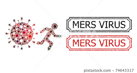 Mers Virus Textured Rubber Stamps with Notches and Man Run Away Covid Collage of Covid Elements 74643317
