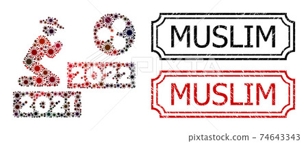 Muslim Distress Rubber Stamps with Notches and Gentleman Pray Ripple 2022 Collage of Covid Virus Items 74643343