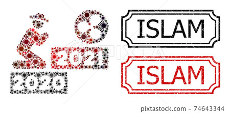 Islam Scratched Stamps with Notches and Gentleman Pray Ripple 2021 Mosaic of Coronavirus Icons 74643344