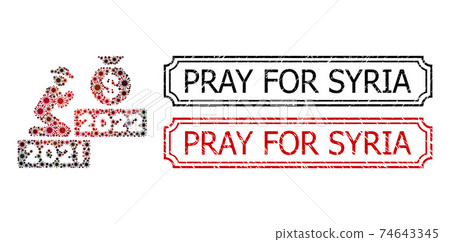 Pray for Syria Grunge Seal Stamps with Notches and Gentleman Pray for Money 2022 Collage of Coronavirus Items 74643345