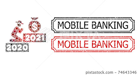 Mobile Banking Scratched Seal Stamps with Notches and Gentleman Pray for Money 2021 Collage of Covid Virus Icons 74643346