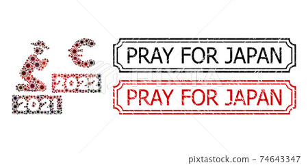 Pray for Japan Textured Badges with Notches and Gentleman Pray Euro 2022 Collage of Covid Virus Elements Pray for Japan Textured Badges with Notches and Gentleman Pray Euro 2022 Collage of Covid Virus Elements 74643347
