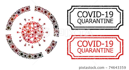 Covid-19 Quarantine Distress Seal Stamps with Notches and Covid Diagram Collage of Coronavirus Elements Covid-19 Quarantine Distress Seal Stamps with Notches and Covid Diagram Collage of Coronavirus Elements 74643359