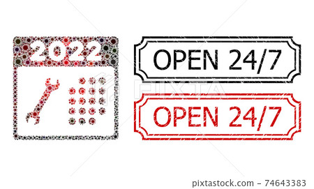 Open 24/7 Grunge Seal Stamps with Notches and 2022 Repair Day Mosaic of Covid Elements 74643383