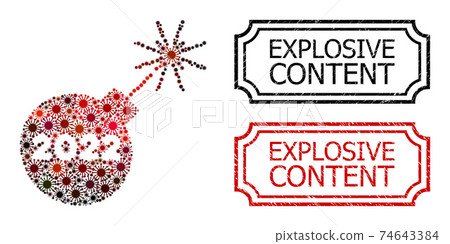 Explosive Content Textured Badges with Notches and 2022 Petard Mosaic of Coronavirus Items 74643384
