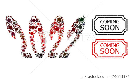 Coming Soon Scratched Seals with Notches and 2022 Perspective Text Collage of Covid Virus Items 74643385
