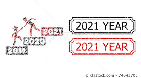 2021 Year Grunge Seal Stamps with Notches and 2021 Year Guy Help Collage of Coronavirus Items 2021 Year Grunge Seal Stamps with Notches and 2021 Year Guy Help Collage of Coronavirus Items 74643703