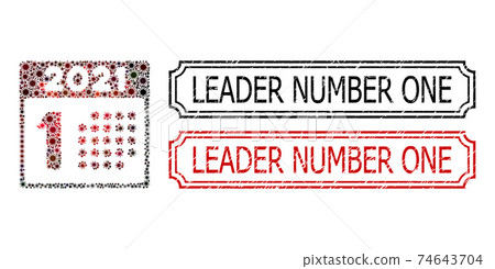 Leader Number One Grunge Rubber Stamps with Notches and 2021 Year First Day Mosaic of Covid-2019 Elements Leader Number One Grunge Rubber Stamps with Notches and 2021 Year First Day Mosaic of Covid-2019 Elements 74643704