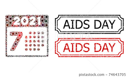 AIDS Day Textured Stamps with Notches and 2021 Year 7Th Day Collage of Covid Elements AIDS Day Textured Stamps with Notches and 2021 Year 7Th Day Collage of Covid Elements 74643705