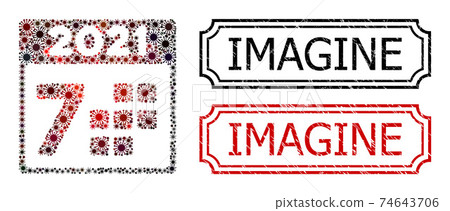 Imagine Grunge Seals with Notches and 2021 Year 7 Days Collage of Covid Virus Elements 74643706