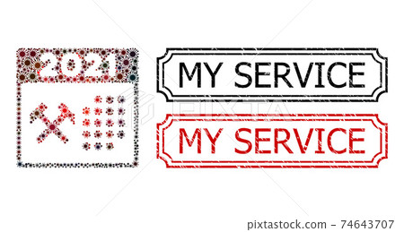 My Service Scratched Rubber Stamps with Notches and 2021 Working Days Mosaic of Covid-2019 Icons My Service Scratched Rubber Stamps with Notches and 2021 Working Days Mosaic of Covid-2019 Icons 74643707