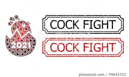 Cock Fight Textured Badges with Notches and 2021 Hatch Chick Collage of Coronavirus Icons 74643725