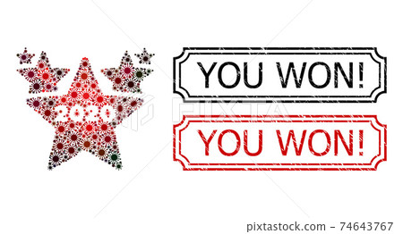 You Won! Scratched Rubber Stamps with Notches and 2020 Stars Hit Parade Mosaic of Coronavirus Icons You Won! Scratched Rubber Stamps with Notches and 2020 Stars Hit Parade Mosaic of Coronavirus Icons 74643767