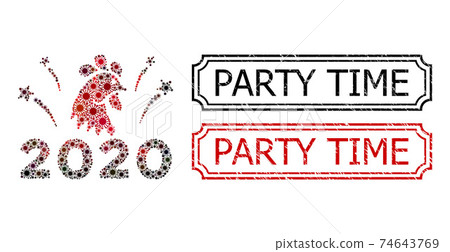Party Time Textured Badges with Notches and 2020 Rooster Fireworks Mosaic of Coronavirus Elements 74643769