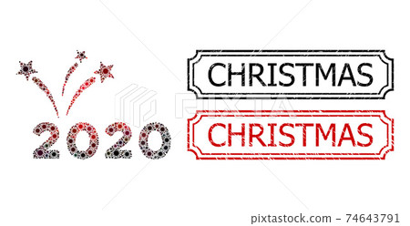 Christmas Textured Seals with Notches and 2020 Fireworks Collage of Covid Items 74643791