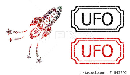 UFO Grunge Seal Stamps with Notches and 2020 Fireworks Rocket Mosaic of Covid Elements UFO Grunge Seal Stamps with Notches and 2020 Fireworks Rocket Mosaic of Covid Elements 74643792
