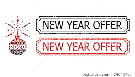 New Year Offer Distress Stamps with Notches and 2020 Fireworks Detonator Collage of Coronavirus Icons 74643793