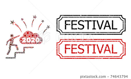 Festival Scratched Seals with Notches and 2020 Fireworks Cloud Steps Mosaic of Coronavirus Elements 74643794