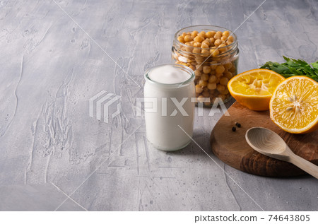 Vegan egg-free mayonnaise made with chickpea water aquafaba 74643805