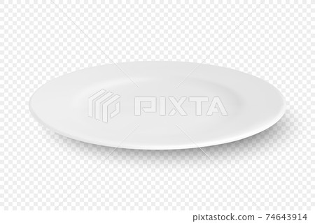 Vector 3d Realistic White Empty Porcelain, Ceramic Plate Icon Closeup Isolated on Transparent Background. Design Template for Mockup. Stock Vector Illustration. Front, Top, Side View 74643914