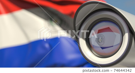 CCTV camera and flag of Paraguay. National surveillance system conceptual 3D rendering 74644342