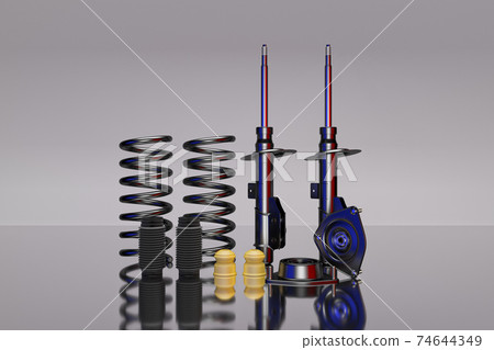 Passenger car Shock Absorber with dust cap, buffer mounting and strut mounting. 3D rendering. 74644349