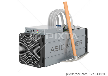 ASIC miner with pickaxe, mining concept. 3D rendering 74644491