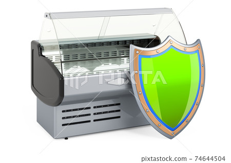 Refrigerated display case, showcase with shield. 3D rendering 74644504