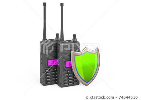 Portable radios walkie-talkie with shield, 3D rendering Portable radios walkie-talkie with shield, 3D rendering 74644510