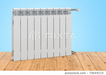 Heating radiator on the wooden planks, 3D rendering 74644514